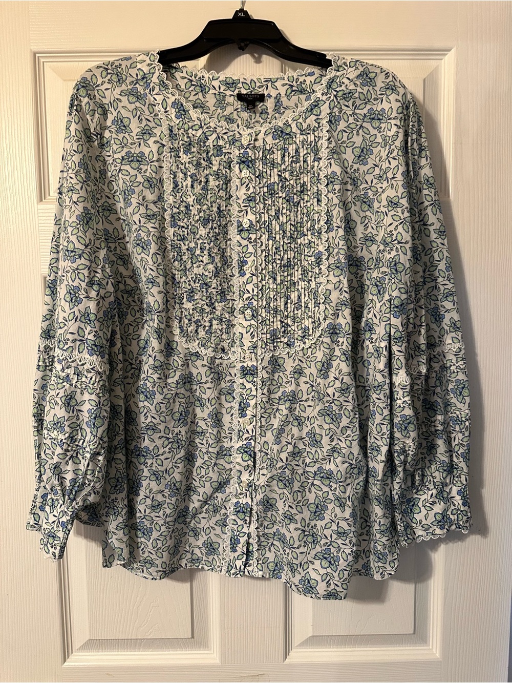 Talbots Plus Cream Blouse with Blue and Green Floral Print